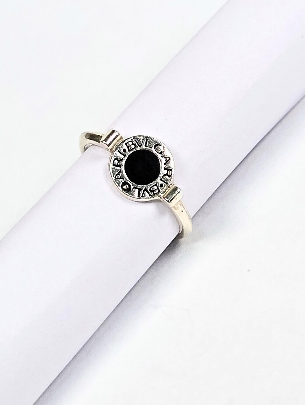 Bvlgari Inspired Ring Round Black Enamel Statement 925 Sterling Silver Rhodium